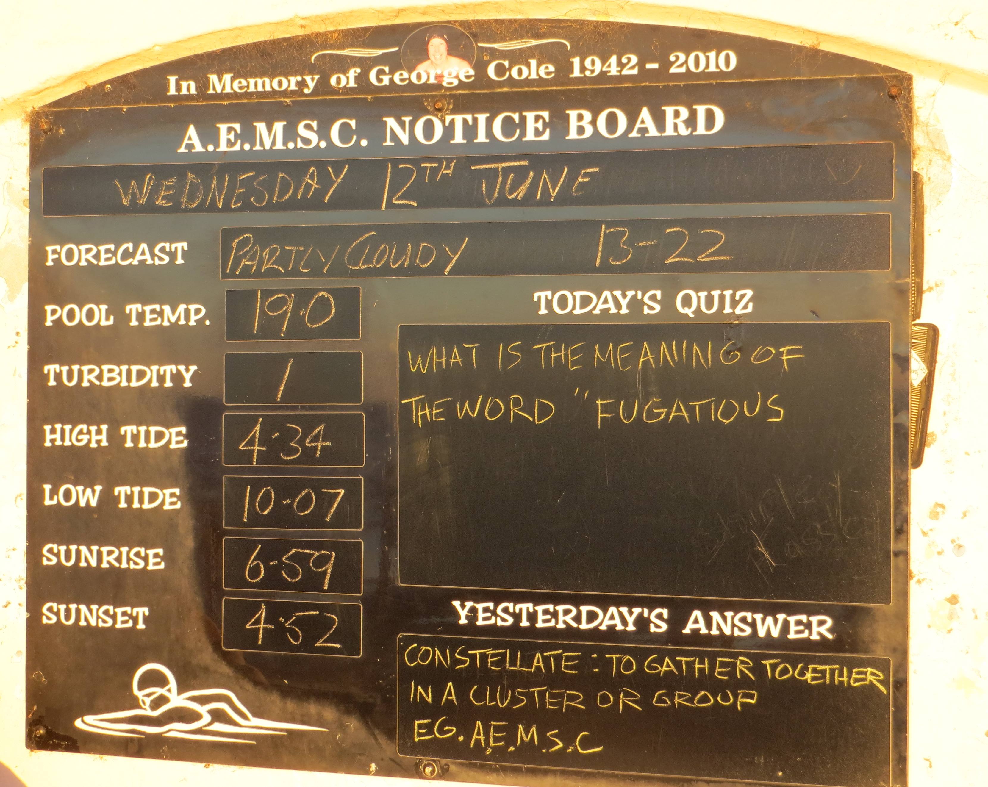 Austinmer Early Morning Swimmers Club notice board June 2019